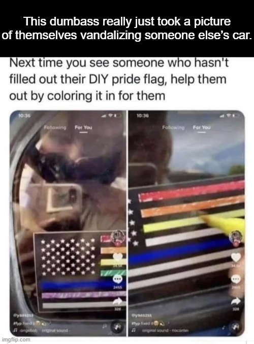 This dumbass really just took a picture of themselves vandalizing someone else’s car. | made w/ Imgflip meme maker