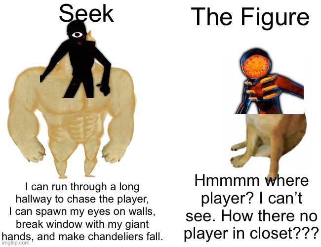 Seek vs Figure | Seek; The Figure; Hmmmm where player? I can’t see. How there no player in closet??? I can run through a long hallway to chase the player, I can spawn my eyes on walls, break window with my giant hands, and make chandeliers fall. | image tagged in buff doge vs cheems,roblox doors,roblox,fresh memes | made w/ Imgflip meme maker