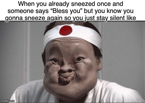 It feels like your done sneezing once u say it | When you already sneezed once and someone says “Bless you” but you know you gonna sneeze again so you just stay silent like | image tagged in chinese guy trying not to sneeze | made w/ Imgflip meme maker