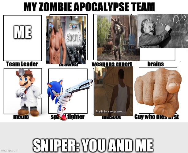 My Zombie Apocalypse Team | ME; SNIPER: YOU AND ME | image tagged in my zombie apocalypse team | made w/ Imgflip meme maker