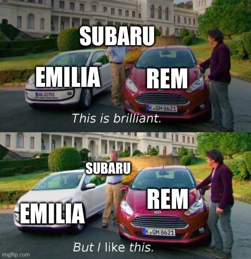 This Is Brilliant But I Like This | SUBARU; EMILIA; REM; SUBARU; REM; EMILIA | image tagged in this is brilliant but i like this | made w/ Imgflip meme maker