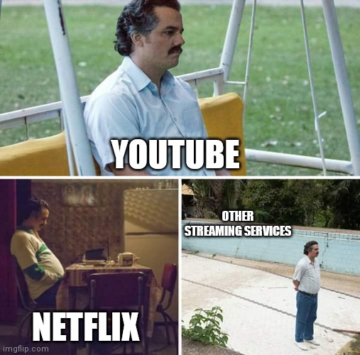 Sad Pablo Escobar Meme | YOUTUBE; OTHER STREAMING SERVICES; NETFLIX | image tagged in memes,sad pablo escobar,youtube,netflix,lol so funny,funny memes | made w/ Imgflip meme maker