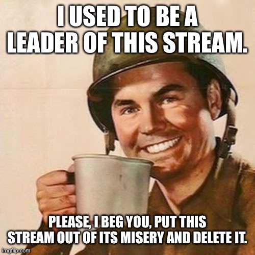 So what do you think | I USED TO BE A LEADER OF THIS STREAM. PLEASE, I BEG YOU, PUT THIS STREAM OUT OF ITS MISERY AND DELETE IT. | image tagged in coffee soldier | made w/ Imgflip meme maker