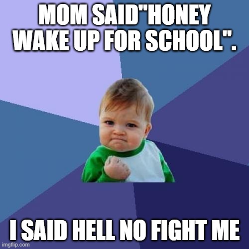 Success Kid | MOM SAID"HONEY WAKE UP FOR SCHOOL". I SAID HELL NO FIGHT ME | image tagged in memes,success kid | made w/ Imgflip meme maker