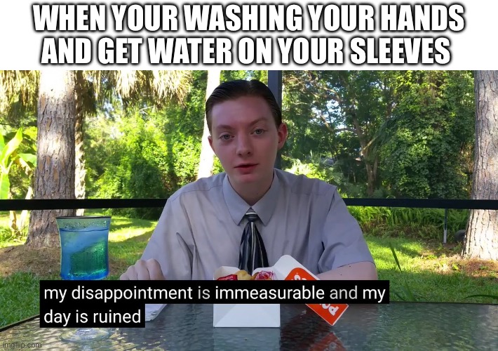 My Disappointment Is Immeasurable | WHEN YOUR WASHING YOUR HANDS AND GET WATER ON YOUR SLEEVES | image tagged in my disappointment is immeasurable | made w/ Imgflip meme maker