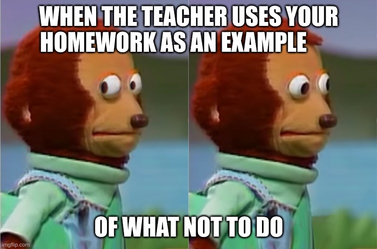 puppet Monkey looking away | WHEN THE TEACHER USES YOUR HOMEWORK AS AN EXAMPLE; OF WHAT NOT TO DO | image tagged in puppet monkey looking away | made w/ Imgflip meme maker
