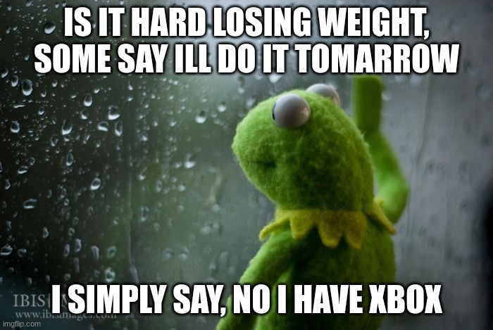 kermit window | IS IT HARD LOSING WEIGHT, SOME SAY ILL DO IT TOMARROW; I SIMPLY SAY, NO I HAVE XBOX | image tagged in kermit window | made w/ Imgflip meme maker