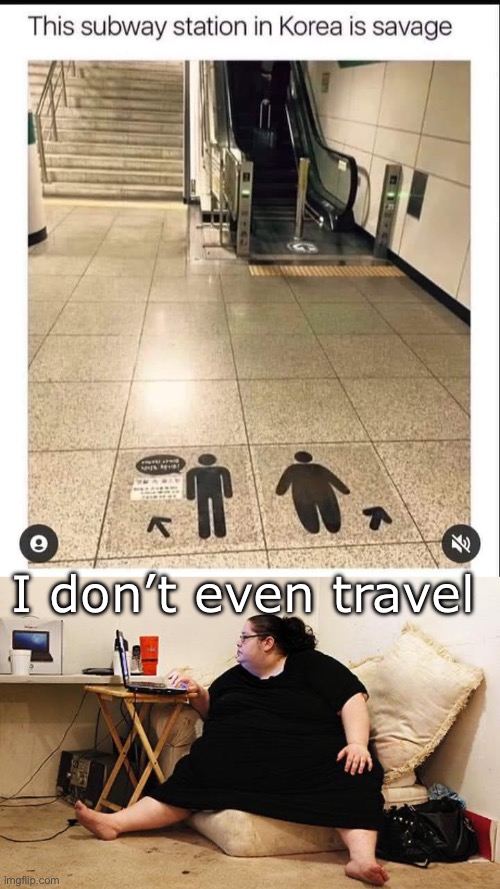 Meme of Overload | I don’t even travel | image tagged in obese woman at computer,subway,fat,travel | made w/ Imgflip meme maker