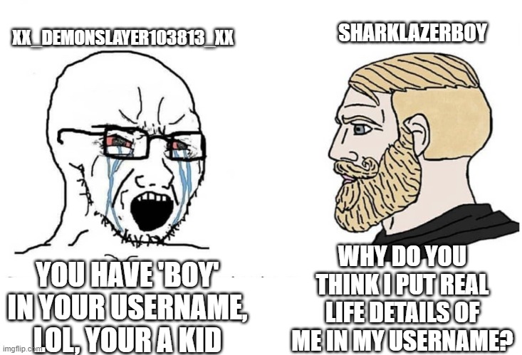 Note, not a real username to the left (I think), but this happens quite a lot surprisingly | XX_DEMONSLAYER103813_XX; SHARKLAZERBOY; WHY DO YOU THINK I PUT REAL LIFE DETAILS OF ME IN MY USERNAME? YOU HAVE 'BOY' IN YOUR USERNAME, LOL, YOUR A KID | image tagged in soyboy vs yes chad,roblox | made w/ Imgflip meme maker