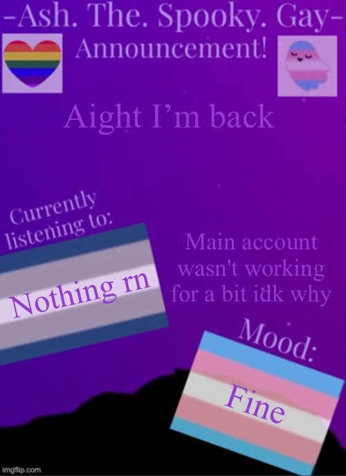 MySpookyTemp | Aight I’m back; Main account wasn't working for a bit idk why; Nothing rn; Fine | image tagged in myspookytemp | made w/ Imgflip meme maker