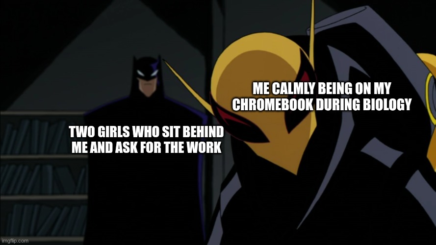 Only time I feel wanted | ME CALMLY BEING ON MY CHROMEBOOK DURING BIOLOGY; TWO GIRLS WHO SIT BEHIND ME AND ASK FOR THE WORK | image tagged in the batman 2004 | made w/ Imgflip meme maker