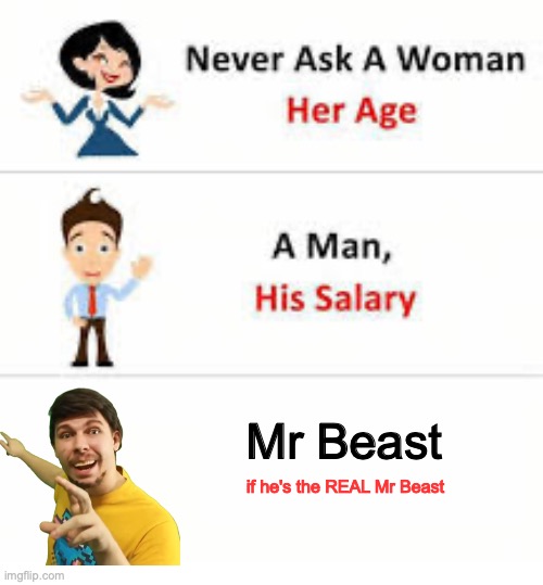 MR BEAST!!!!!!!!!!!! | Mr Beast; if he's the REAL Mr Beast | image tagged in never ask a woman her age | made w/ Imgflip meme maker