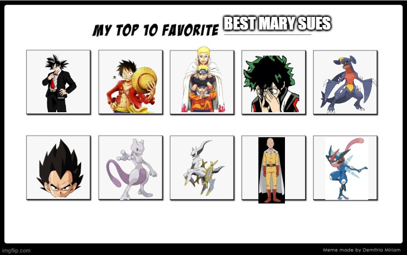 top 10 best mary sues | BEST MARY SUES | image tagged in my top 10,mary sue,dragon ball z,naruto,one punch man | made w/ Imgflip meme maker