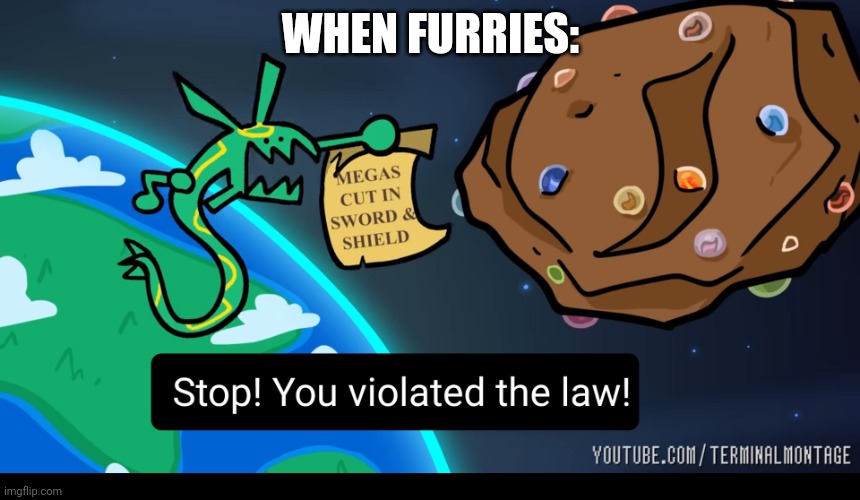 Stop! You violated the law! Rayquaza | WHEN FURRIES: | image tagged in stop you violated the law rayquaza | made w/ Imgflip meme maker