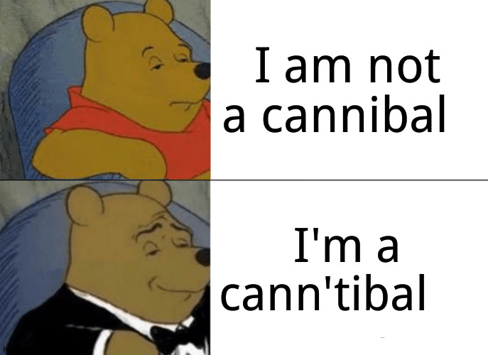 This is your PUNishment | I am not a cannibal; I'm a cann'tibal | image tagged in memes,tuxedo winnie the pooh,hide the pun harold | made w/ Imgflip meme maker