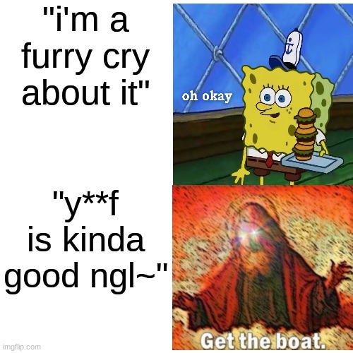 thought i might post here | "i'm a furry cry about it"; "y**f is kinda good ngl~" | made w/ Imgflip meme maker