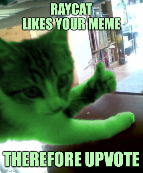 thumbs up RayCat | RAYCAT LIKES YOUR MEME THEREFORE UPVOTE | image tagged in thumbs up raycat | made w/ Imgflip meme maker