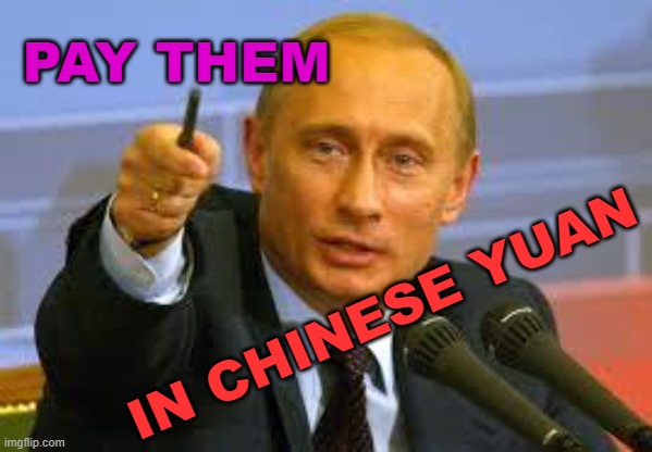 Pay Them  In Chinese Yuan | PAY THEM; IN CHINESE YUAN | image tagged in pointing putin | made w/ Imgflip meme maker