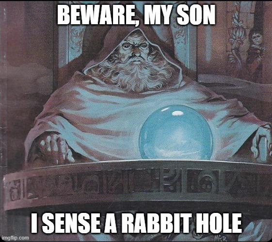 Beware the Rabbit Hole | BEWARE, MY SON; I SENSE A RABBIT HOLE | image tagged in pondering my orb | made w/ Imgflip meme maker