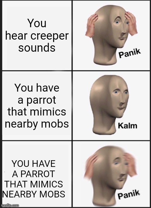 Minecraft memes | You hear creeper sounds; You have a parrot that mimics nearby mobs; YOU HAVE A PARROT THAT MIMICS NEARBY MOBS | image tagged in memes,panik kalm panik,minecraft memes,minecraft creeper | made w/ Imgflip meme maker