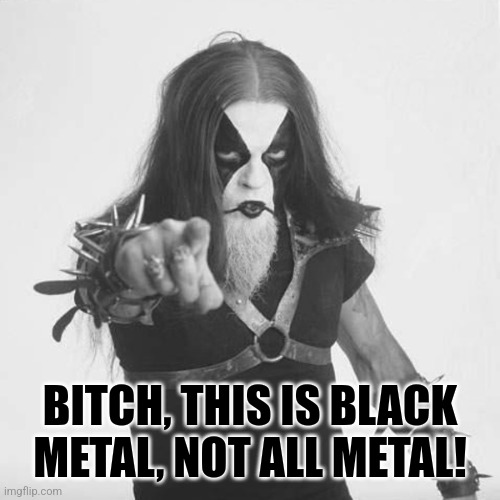 Abbath pointing | BITCH, THIS IS BLACK METAL, NOT ALL METAL! | image tagged in abbath pointing | made w/ Imgflip meme maker