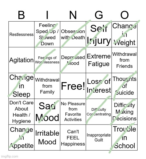 Guys, please. Go check out "deppression" stream. It's not that popular, so I hope people can go there and prevent suicides.. :( | image tagged in depression bingo 1,depression | made w/ Imgflip meme maker