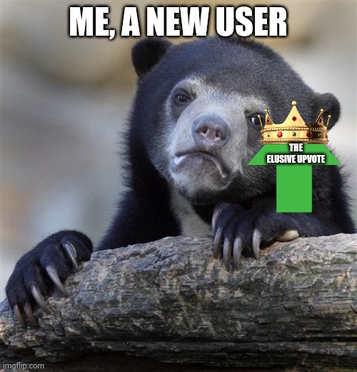 Confession Bear | ME, A NEW USER; THE ELUSIVE UPVOTE | image tagged in memes,confession bear | made w/ Imgflip meme maker