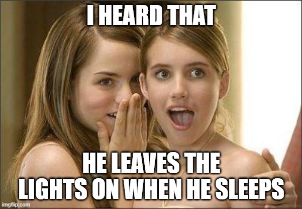 Girls gossiping | I HEARD THAT; HE LEAVES THE LIGHTS ON WHEN HE SLEEPS | image tagged in girls gossiping | made w/ Imgflip meme maker