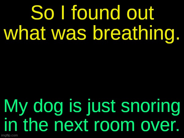 drizzy text temp | So I found out what was breathing. My dog is just snoring in the next room over. | image tagged in drizzy text temp | made w/ Imgflip meme maker