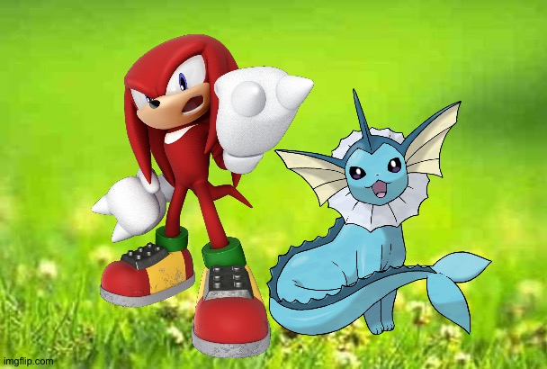 Knuckles and Vaporeon hanging out in a grassy field | image tagged in green background | made w/ Imgflip meme maker