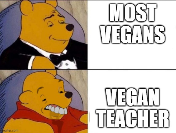 vegan meme | MOST VEGANS; VEGAN TEACHER | image tagged in classy and dumb pooh,vegan | made w/ Imgflip meme maker