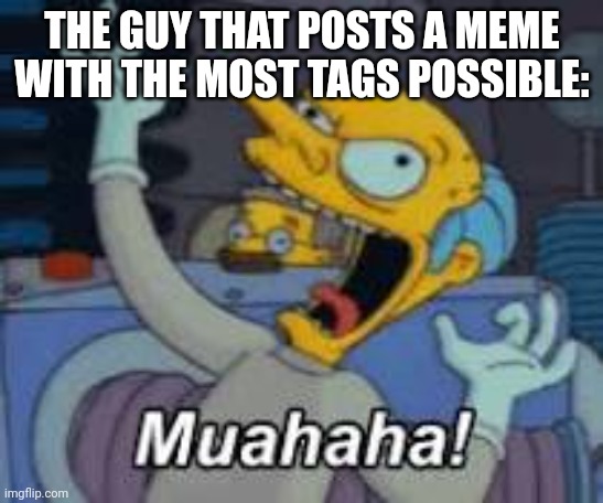 It's the first time that I will do that | THE GUY THAT POSTS A MEME WITH THE MOST TAGS POSSIBLE: | image tagged in muahahaha,memes,mr burns,oh wow are you actually reading these tags | made w/ Imgflip meme maker