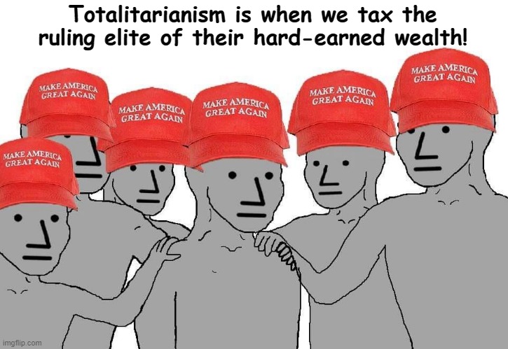nooo pls anything but a society where our oppressors pay a fair share in taxes | Totalitarianism is when we tax the ruling elite of their hard-earned wealth! | image tagged in maga npc,taxes,rich,working class,capitalism,socialism | made w/ Imgflip meme maker