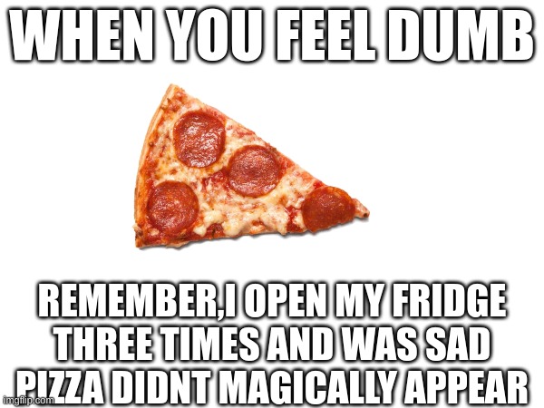 Za | WHEN YOU FEEL DUMB; REMEMBER,I OPEN MY FRIDGE THREE TIMES AND WAS SAD PIZZA DIDNT MAGICALLY APPEAR | made w/ Imgflip meme maker