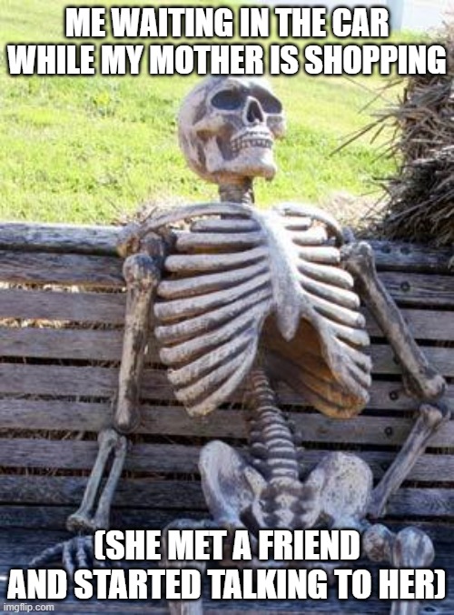 ded | ME WAITING IN THE CAR WHILE MY MOTHER IS SHOPPING; (SHE MET A FRIEND AND STARTED TALKING TO HER) | image tagged in memes,waiting skeleton | made w/ Imgflip meme maker