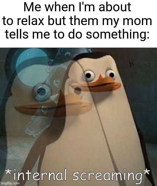 What is it??? Silence* WHAT IS IT!?!? | Me when I'm about to relax but them my mom tells me to do something: | image tagged in internal screaming,memes,relatable | made w/ Imgflip meme maker