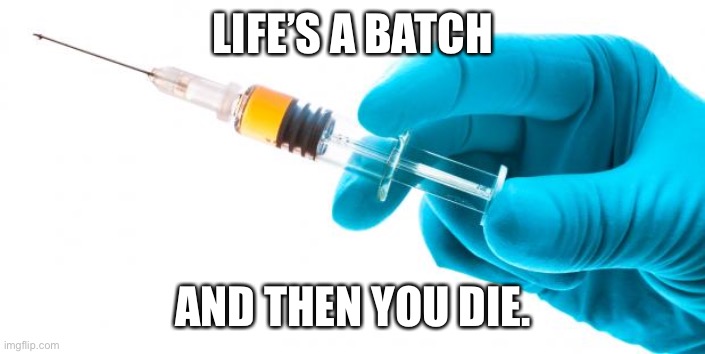 Life’s a batch | LIFE’S A BATCH; AND THEN YOU DIE. | image tagged in syringe vaccine medicine | made w/ Imgflip meme maker