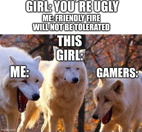 Only Gamers Will Understand. | GIRL: YOU´RE UGLY; ME: FRIENDLY FIRE WILL NOT BE TOLERATED; THIS GIRL:; ME:; GAMERS: | image tagged in laughing wolf,gaming,memes,roasted | made w/ Imgflip meme maker
