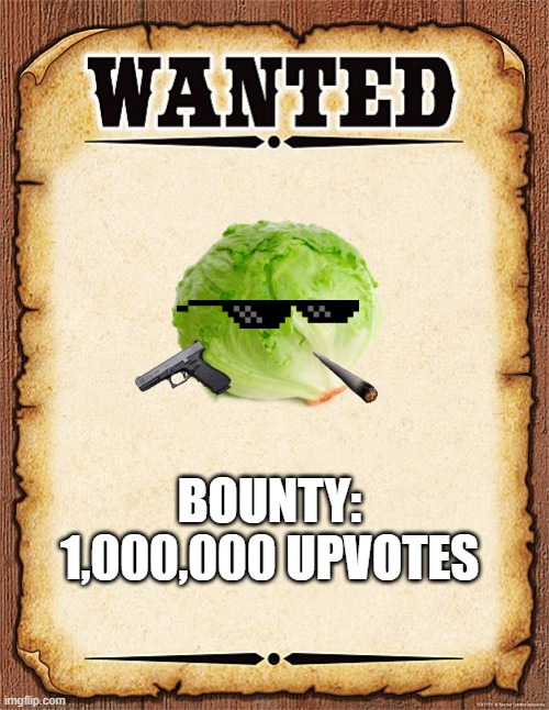 Gangsta Lettuce has been stealing our memes! | BOUNTY: 1,000,000 UPVOTES | image tagged in wanted poster,lettuce,stop upvote begging | made w/ Imgflip meme maker