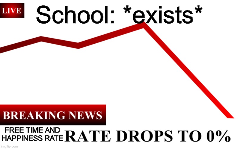 ____ Rate Drops To 0% | School: *exists*; FREE TIME AND HAPPINESS RATE | image tagged in ____ rate drops to 0 | made w/ Imgflip meme maker