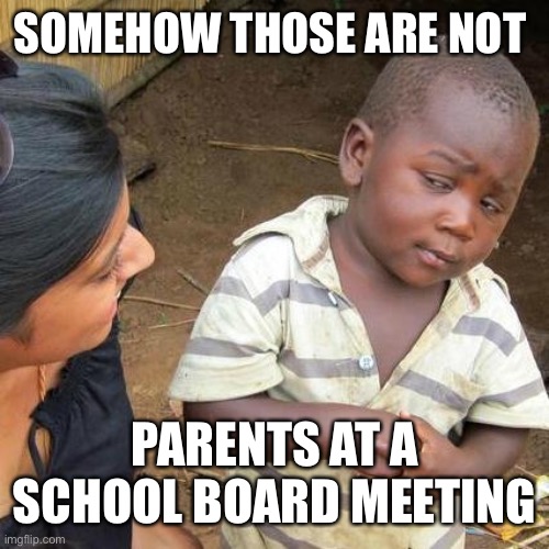 Third World Skeptical Kid Meme | SOMEHOW THOSE ARE NOT PARENTS AT A SCHOOL BOARD MEETING | image tagged in memes,third world skeptical kid | made w/ Imgflip meme maker