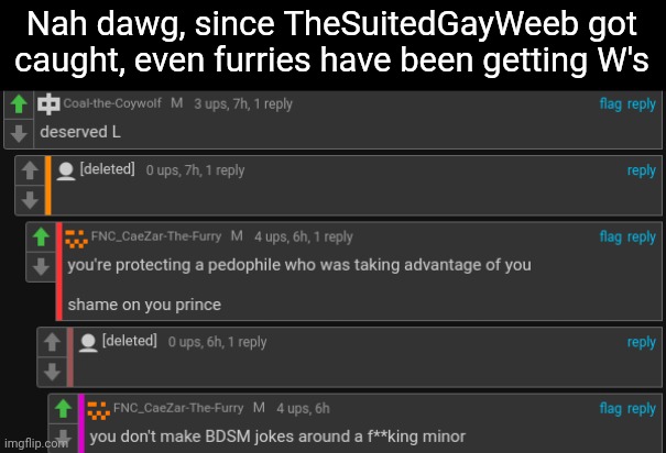 All of lgbbq is in a literal hellhole rn | Nah dawg, since TheSuitedGayWeeb got caught, even furries have been getting W's | made w/ Imgflip meme maker