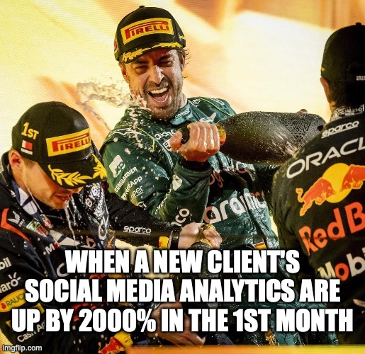 Social Media Wins | WHEN A NEW CLIENT'S SOCIAL MEDIA ANALYTICS ARE UP BY 2000% IN THE 1ST MONTH | image tagged in alonso,socialmedia,social,analytics,astin martin,winning | made w/ Imgflip meme maker