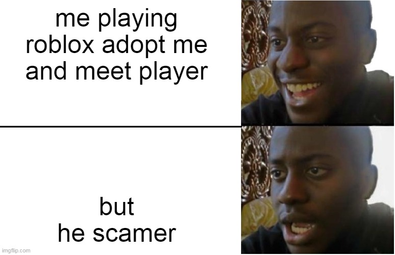 Disappointed Black Guy | me playing roblox adopt me and meet player; but he scamer | image tagged in disappointed black guy | made w/ Imgflip meme maker