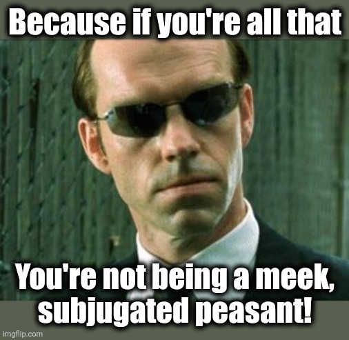 Agent Smith Matrix | Because if you're all that You're not being a meek,
subjugated peasant! | image tagged in agent smith matrix | made w/ Imgflip meme maker