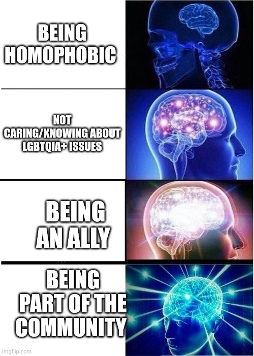 Expanding Brain | BEING HOMOPHOBIC; NOT CARING/KNOWING ABOUT LGBTQIA+ ISSUES; BEING AN ALLY; BEING PART OF THE COMMUNITY | image tagged in memes,expanding brain | made w/ Imgflip meme maker