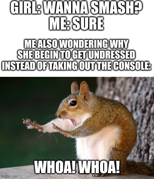Smash! | GIRL: WANNA SMASH?
ME: SURE; ME ALSO WONDERING WHY SHE BEGIN TO GET UNDRESSED INSTEAD OF TAKING OUT THE CONSOLE:; WHOA! WHOA! | image tagged in whoa now squirrel,whoa,hol up,funny,memes,dankmemes | made w/ Imgflip meme maker