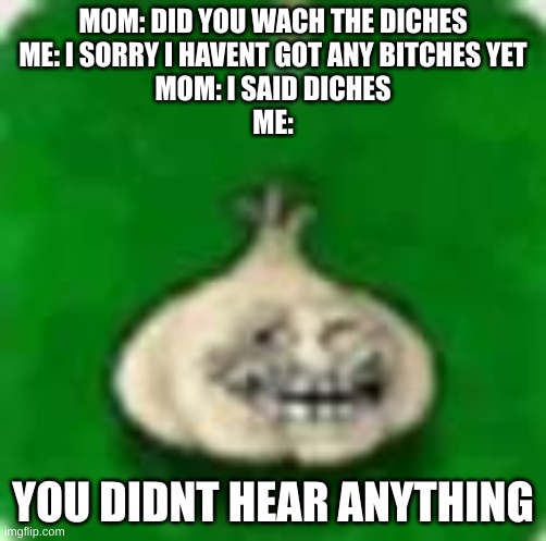 troll garlic | MOM: DID YOU WACH THE DICHES
ME: I SORRY I HAVENT GOT ANY BITCHES YET
MOM: I SAID DICHES
ME:; YOU DIDNT HEAR ANYTHING | image tagged in troll garlic | made w/ Imgflip meme maker