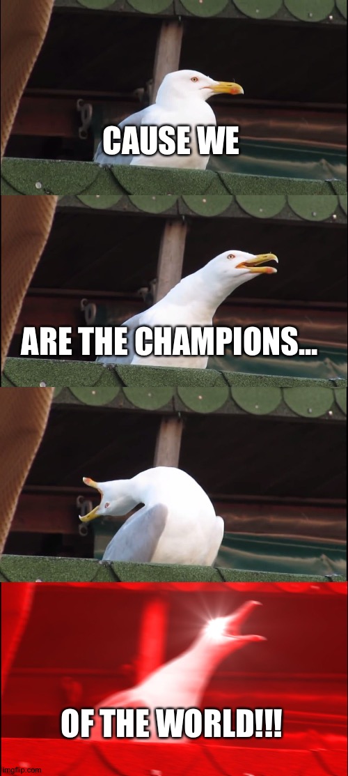 Inhaling Seagull | CAUSE WE; ARE THE CHAMPIONS... OF THE WORLD!!! | image tagged in memes,inhaling seagull | made w/ Imgflip meme maker