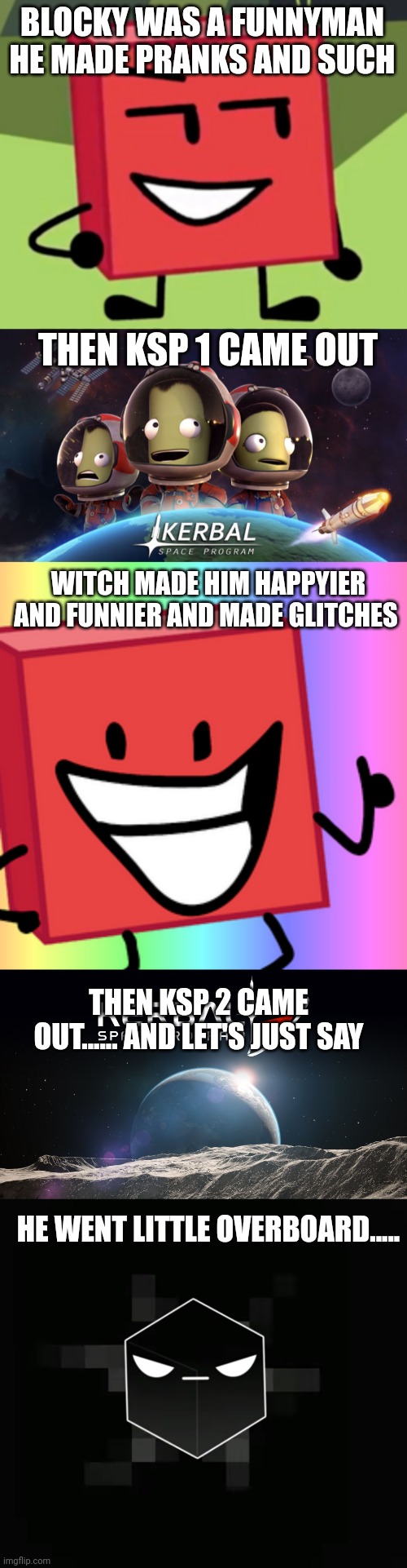 Blocky's backstory | BLOCKY WAS A FUNNYMAN HE MADE PRANKS AND SUCH; THEN KSP 1 CAME OUT; WITCH MADE HIM HAPPYIER AND FUNNIER AND MADE GLITCHES; THEN KSP 2 CAME OUT...... AND LET'S JUST SAY; HE WENT LITTLE OVERBOARD..... | image tagged in bfdi | made w/ Imgflip meme maker